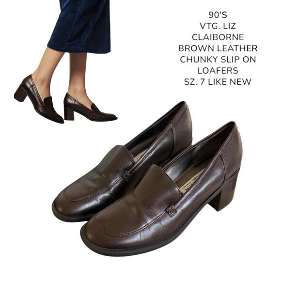 90'S VTG. BROWN CHUNKY LOAFERS SLIP ON LIZ‎ CLAIBORNE SZ. 7 LIKE NEW - Picture 1 of 8